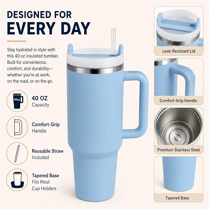 Pandance 4 Pack 40 oz Tumbler with Handle and Straw Bulk, Blue | Stainless Steel Vacuum Insulated Travel Mug, Sturdy Screw-on lid, Cup Holder Friendly, Large Capacity Cup For Iced Coffee