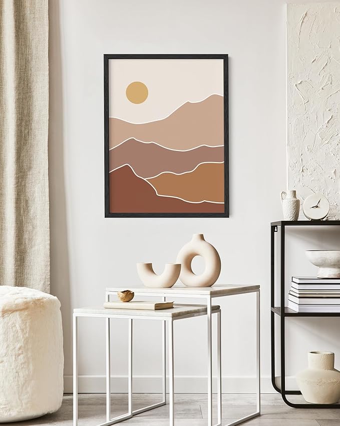 Abstract Mountain Landscape Wall Art Sun Rolling Hills Earth Tones Terracotta Mid Century Modern 16x20 Inch Oak Wood Black Framed Minimalist Scenery Print for Nursery Decor