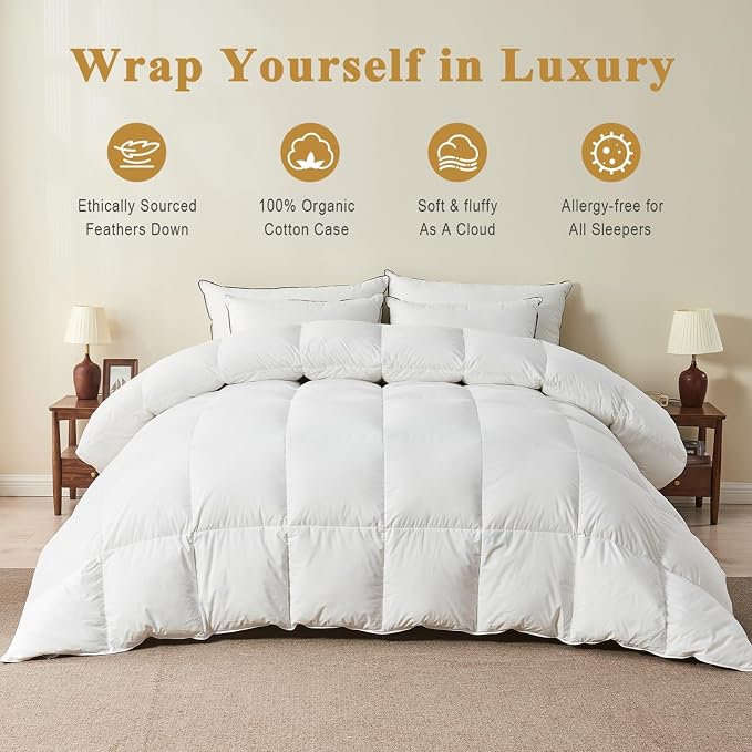 TOPGREEN Feather Down Comforter Queen Size, Luxury Extra-Fluffy Duvet Insert, All Season Bed Comforter with Ultra-Soft Organic Cotton Case (90x90 Inch, Ivory White)