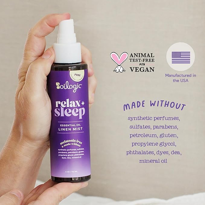 Oilogic Relax & Sleep Essential Oil Linen Spray - 100% Pure Essential Oils Promotes Restful Sleep, Comfort & Wellness - Aromatherapy Mist for Beddings, Pillows, Blankets, Pajamas & More, 4 Oz