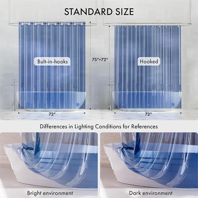 AmazerBath No Hook Shower Curtain and Liner 3-in-1, Luxury Heavy Duty Clear Blue No Hook Shower Liner, 72x75 100% EVA Hookless Shower Curtain with 3 Heavyweight Stones