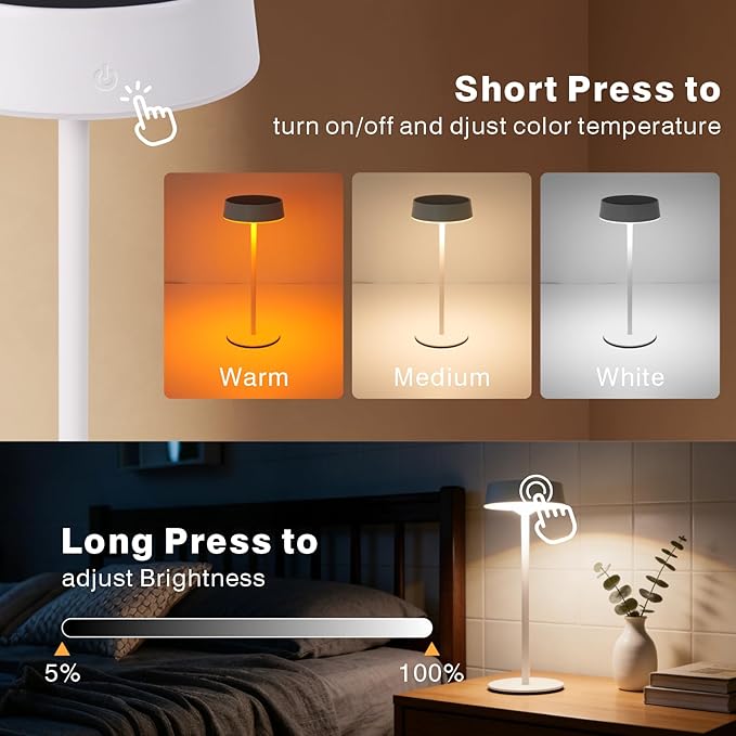 Solar Table Lamp, Rechargeable Outdoor Lamps for Patio Waterproof 3 Color Dimmable, Solar Lamp for Outdoor, Bedroom, Garden, Camping, Bathroom (White)