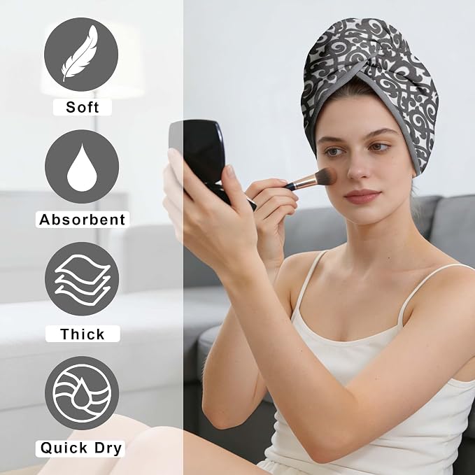 VOOVA & MOVAS Dark Gray Microfiber Hair Towel, 2-Pack Button-Free Elastic Loop Hair Turban, Ultra Soft Quick Dry Hair Wrap, Highly Absorbent Anti Frizz Towel
