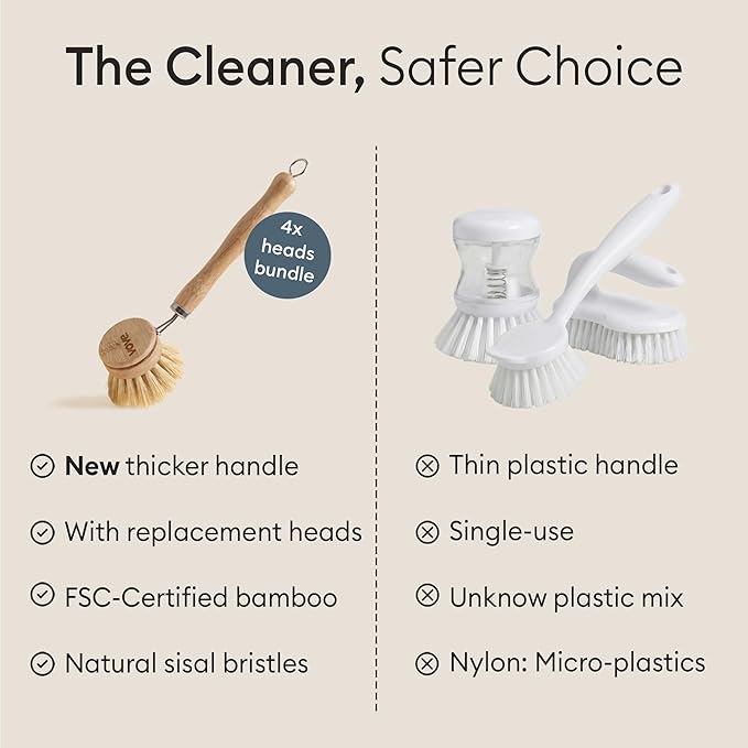 Vove Plastic-Free Dish Brush Bundle, Bamboo Dish Brush and Scrub Brush with 3 Replacement Heads, FSC-Certified Bamboo with Natural Fiber Bristles, Complete Zero-Waste Kitchen Cleaning Set