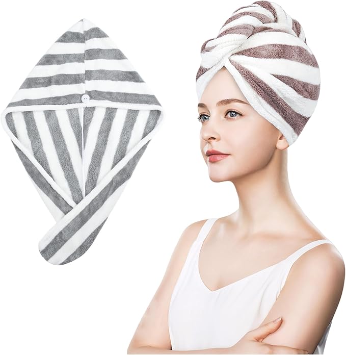 Microfiber Hair Towel Wrap, Soft Lightweight Hair Turben Towel, Super Absorbent Quick Dry Hair Turban with Button, Larger Microfiber Hair Towels for Women Curly Long Hair