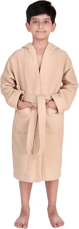 ALLEN & MATE 100% Cotton Waffle Terry Towel Hooded Kids Bathrobe – Soft Absorbent Medium Weight Swim Robe for Boys & Girls