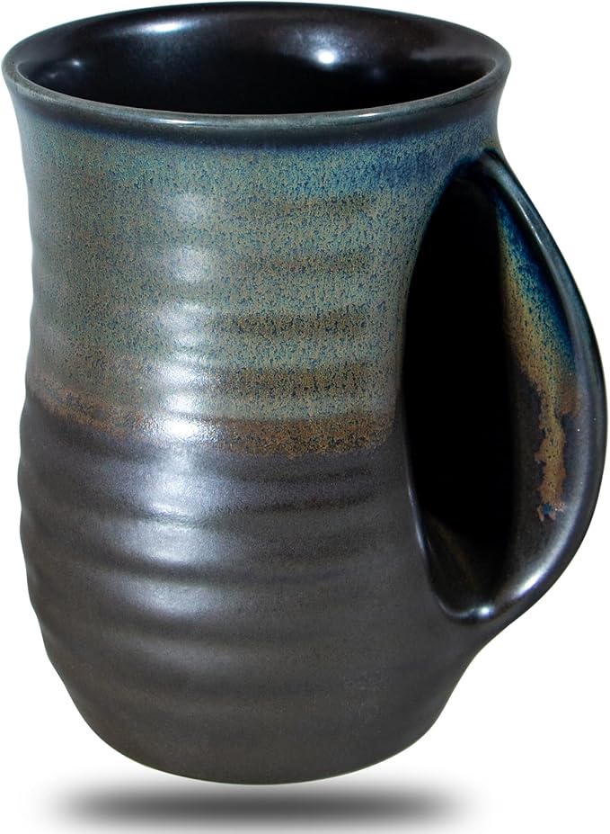 Hand Warmer Mugs Set of 4,16 Ounce Large Hand Warming Mugs Ceramic Gift for Christmas with Contoured Pocket, Keep Your Fingers Warmth(Grey Brown Purple Blue)