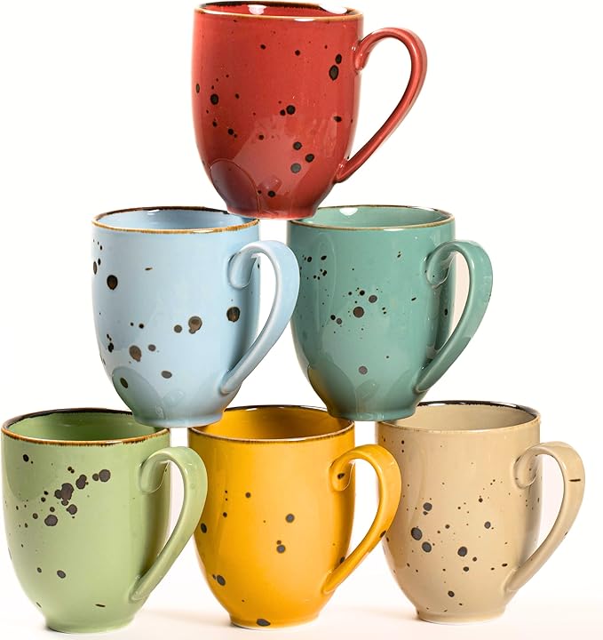 Esfour Ceramics Coffee Mugs Set Of 6, 14 Oz Large Handle Heavy Duty Cups - Microwave Dishwasher Safe - Latte, Cappuccino, Tea, Cocoa, Mocha - Men, Women, Home Office Daily Use, Vivid Assorted Colors