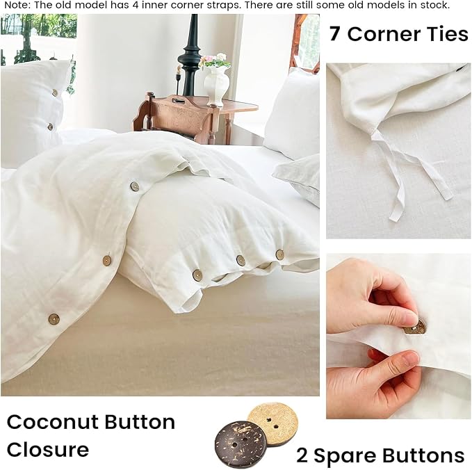 Simple&Opulence 100% Linen Duvet Cover Set 3pcs with Coconut Button Closure Natural French Washed Flax Solid Color Soft Breathable Farmhouse Bedding - White, Queen Size