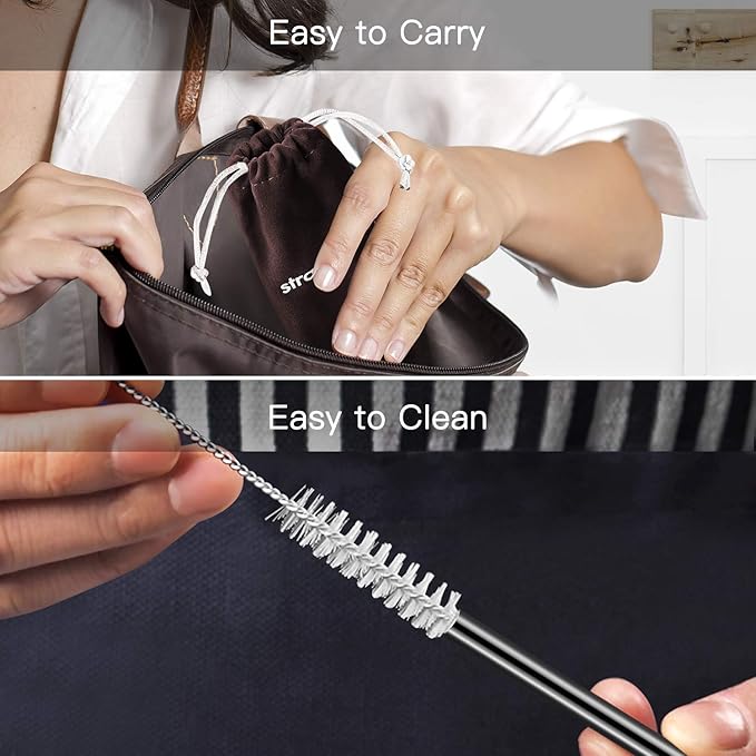 StrawExpert Set of 16 Reusable Stainless Steel Straws with Travel Case Cleaning Brush Silicone Tips Eco Friendly Extra Long Metal Straws Drinking for 20 24 30 oz Tumbler, Black