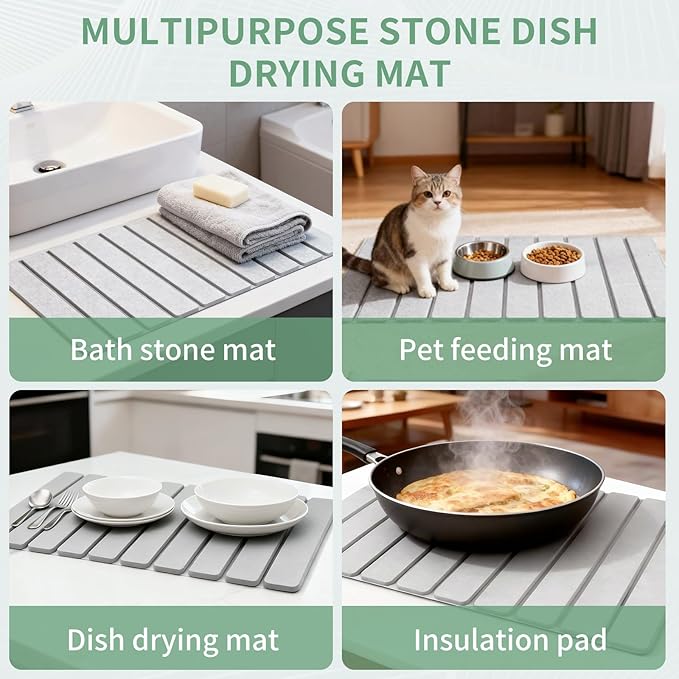 Large Stone Dish Drying Mat for Kitchen Counter, Collapsible 24"X16" Super Absorbent Diatomaceous Earth Dish Drying Mat Kitchen Drying Mat for Dishes, Bottles, Match Any Countertop