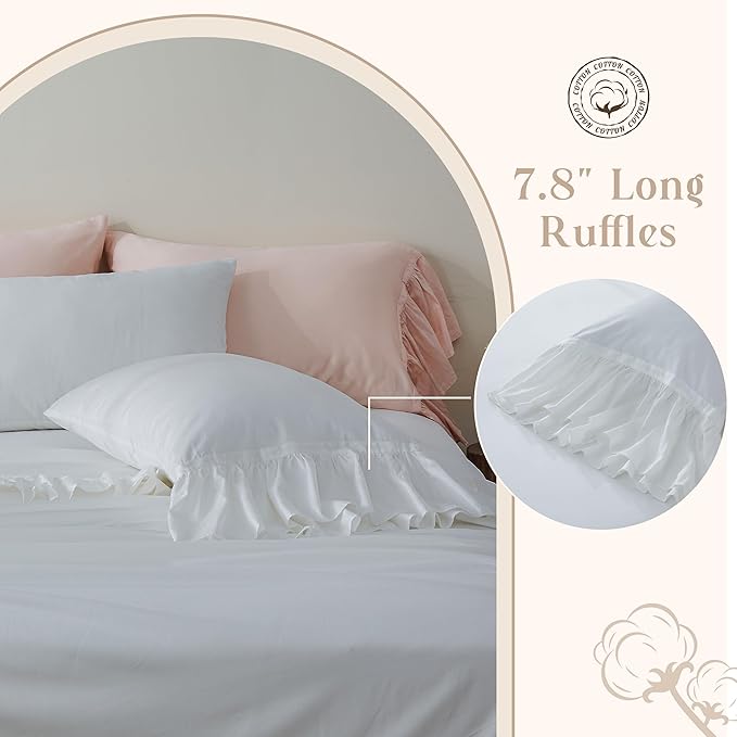 Simple&Opulence 100% Organic Cotton Sheet Set, Long Ruffle Bed Sheets (1 Flat Sheet, 1 Fitted Sheet and 2 Pillowcases) Elegant Shabby Chic Bedding Farmhouse Charming Vintage - White, King