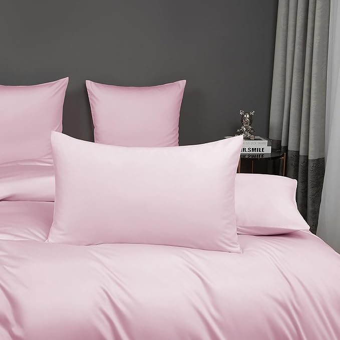 Blush Pink Cotton Duvet Cover Set Queen 100% Long-Staple Cotton Sateen Bedding Set, Soft Breathable Smooth Organic Pure Cotton Plain Comforter Cover, Luxury Minimalist Bedroom Decor for All Season