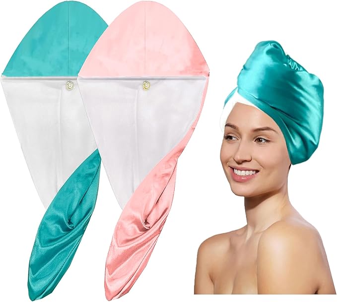 Chloven Satin Microfiber Hair Towel Wrap - 2 Pack Anti frizz Satin Hair Towel Wrap for Women - Hair Wrap Towels for Wet Long Curly Hair with Button - Super Absorbent Hair Drying Towel Wrap