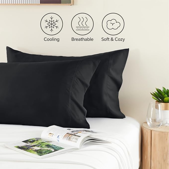 BEDELITE Pillow Cases Queen Size Set of 2, Rayon Derived from Bamboo, Cooling Pillow Cases for Hot Sleepers & Night Sweats, Breathable and Silky Soft Envelope Pillowcases(Black, 20"x30")