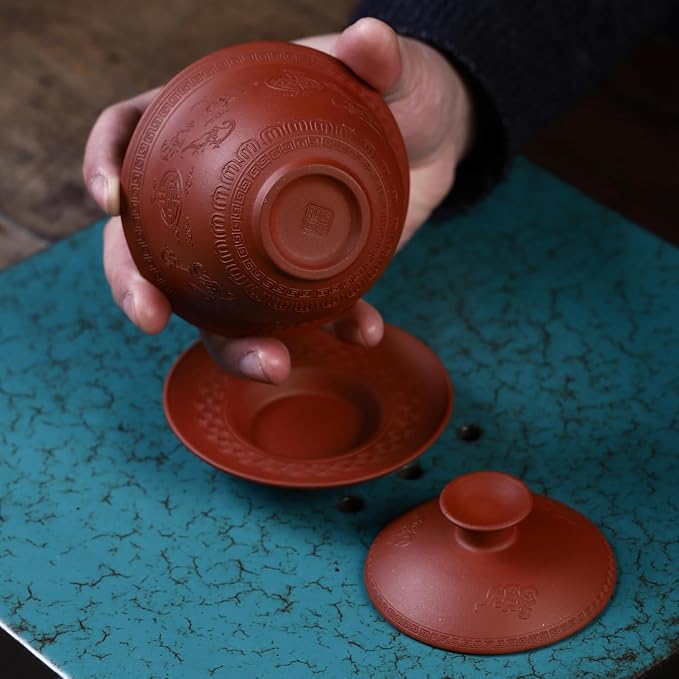 Yixing Clay Zisha Gaiwan 5 Oz/150ml,Chinese Kungfu Tea Bowl Cup,Blooming and Loose Leaf Tea Cup Set -Red Clay