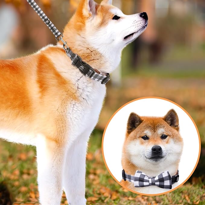 IVY&LANE Dog Collar with Bowtie and Leash Set | Plaid Adjustable Dog Collar | Detachable Bow Tie |5 FT Dog Leash | for Small Medium Large Dogs | Checkered Black | Medium