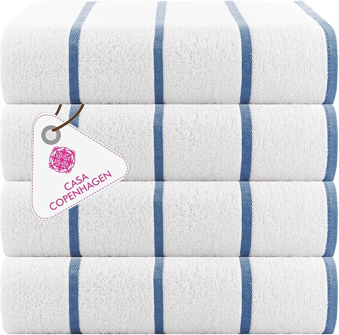 CASA COPENHAGEN Cabana Pool 4Pcs 100% Egyptian Cotton Large Designer Beach Towels Gift Set- White Indigo, 500GSM, 55"x27", 4 Beach Bath Towels (Box Pack, Set for Women & Men)