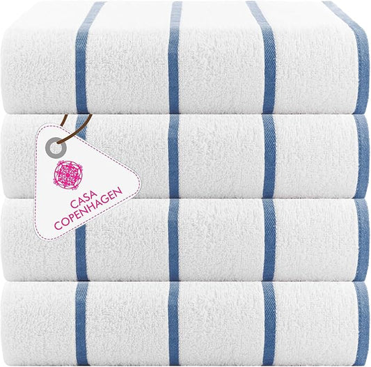 CASA COPENHAGEN Cabana Pool 4Pcs 100% Egyptian Cotton Large Designer Beach Towels Gift Set- White Indigo, 500GSM, 55"x27", 4 Beach Bath Towels (Box Pack, Set for Women & Men)