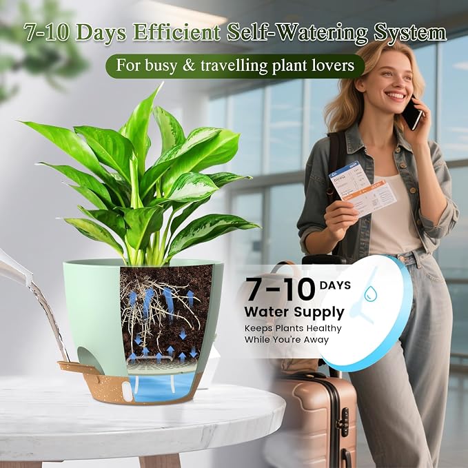 Self Watering Pots with Drainage Holes, 2 Pack 8 Inch Plant Pots with Water Level Indicator Deep Reservoir, Large Plastic Planter for Indoor Outdoor Plants - Green Brown