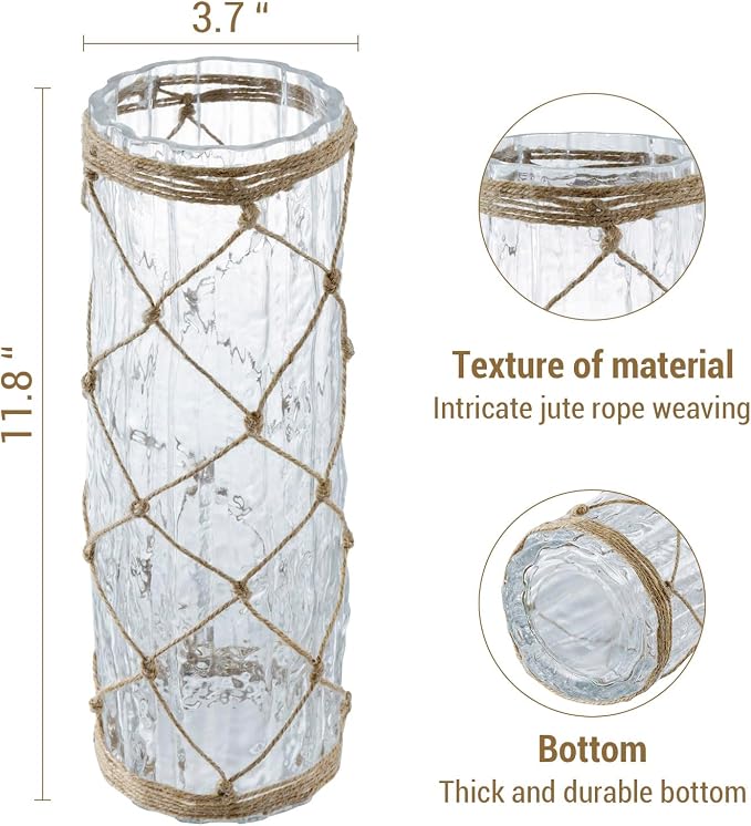 MyGift Rustic Clear Glass Vase with Hand-Woven Hemp Rope Wrap – Decorative Tabletop Flower Vase for Farmhouse, Boho, or Coastal Home Decor