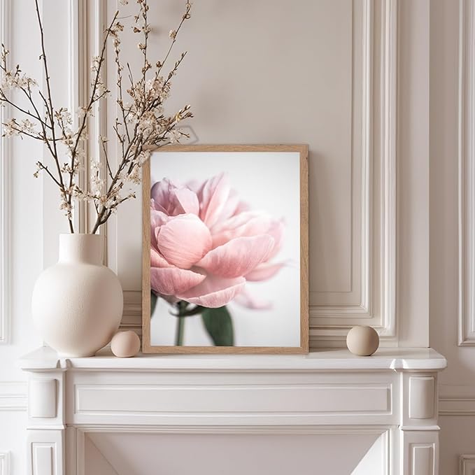 Monem Art Soft Pink Peony Macro Photography Print - Minimalist Floral Art Poster - Wall Decor for Living Room, Bedroom or Office - 8x10 Beige Framed Wall Art by Mareike Bohmer