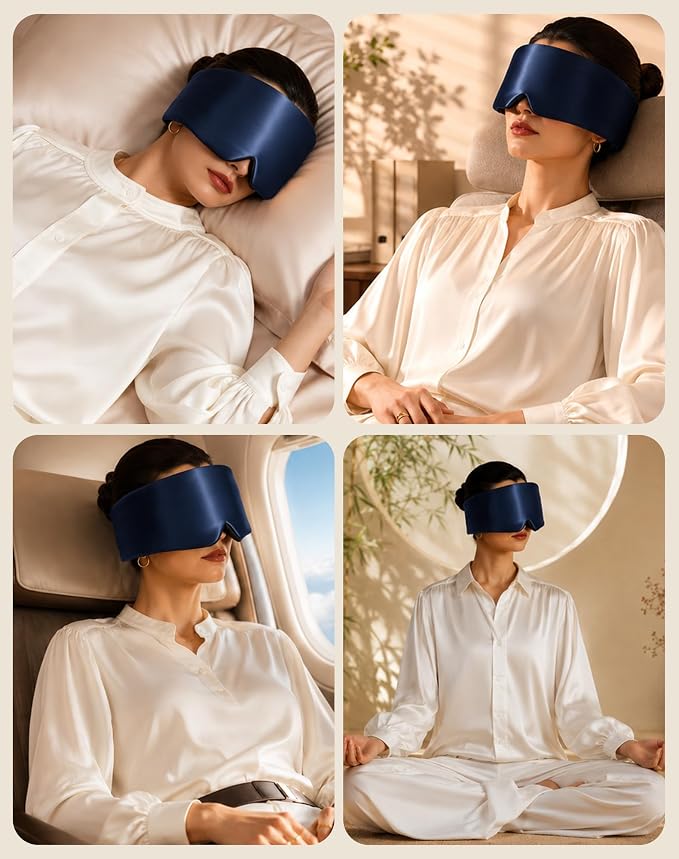 SilkSilky Silk Sleep Mask for Side Sleepers - 22 Momme 100% Mulberry Silk, Wide Face-Hugging 3D Eye Mask for Total Blackout, Zero Pressure & Adjustable Band for Women Men (Dark Blue)