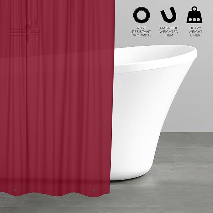 Bath Bliss Heavy Shower Curtain Liner, 12 Rust Resistant Metal Grommets, 3 Weighted Magnet Hem, Burgundy
