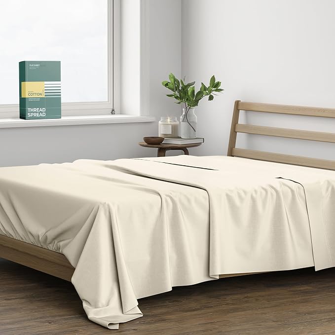 THREAD SPREAD 100% Organic Cotton Percale Flat Sheet California King Size - 1 PC Flat Sheet, Ivory - Crisp, Cool and Strong Bed Linen, Top Sheets for Hot Sleepers, Luxury Breathable GOTS Certified