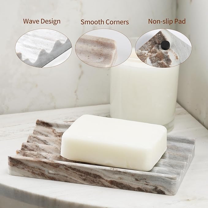 Karibiber Soap Holder, Marble Soap Dish for Shower, Bar Soaps Holder with Water Ripple Design, Easy Cleaning Soaps Saver for Kitchen Sink，Bathroom, Executive Indian Natural Stone Soap Tray