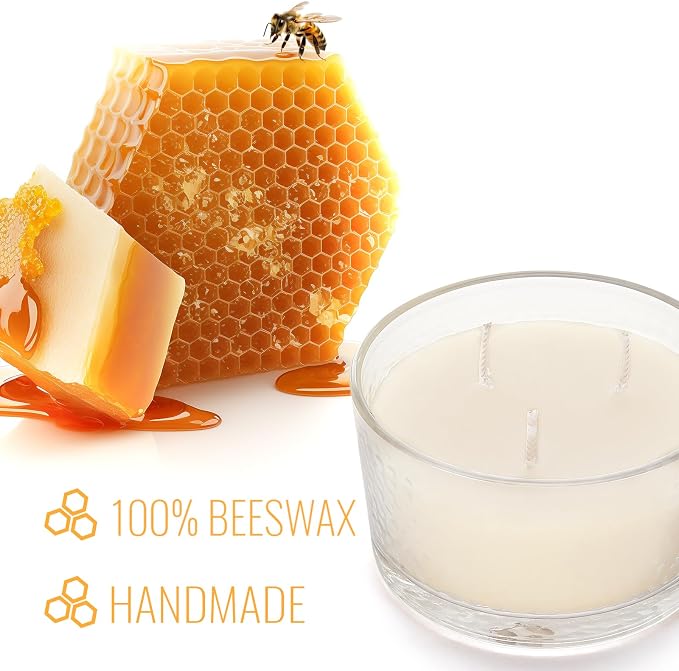 3-Wick Beeswax Candles in Glass Jar, Natural Unscented Beeswax Candles - 22 Hour Burn Time, Handmade Candles for Party, Holidays Gift, Dinning (Pack of 1, White)