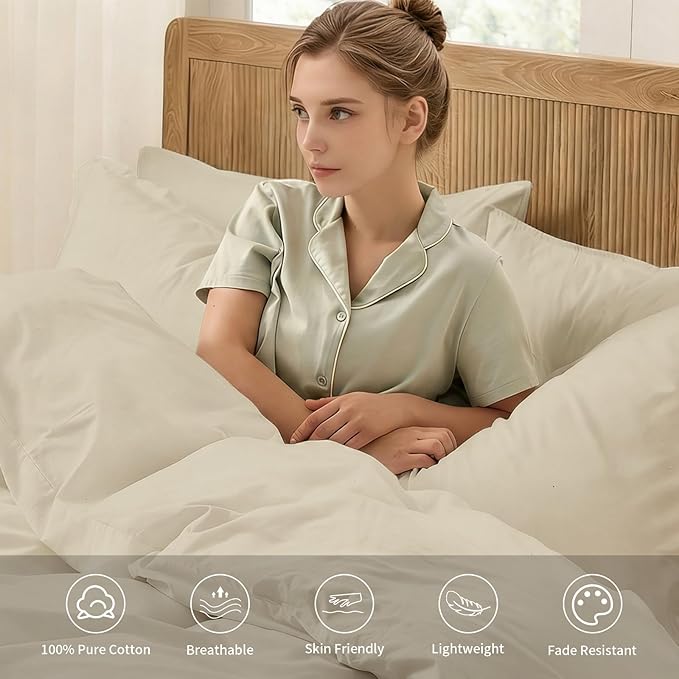 Duvet Cover Set Twin Size, 100% Washed Cotton, Light Weight Breathable Comforter Cover Linen Feel,2PCs Breathable Bedding Set for All Season, Frosted Almond 68"x90"