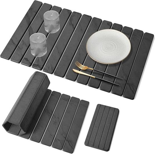 Large Stone Dish Drying Mat for Kitchen Counter, Quick Dry Dish Drying Mats, Foldable Absorbent Diatomaceous Earth Mats for Dishes Bottles Cup, Match Any Countertop (Gray Marble 28"×16" & 8"x4")