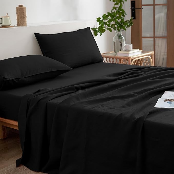 EVERLY Linen Sheets Set Twin Size,100% French Stonewash Pure Linen Sheets Set,3Pieces (1Flat Sheet,1Fitted Sheet,1Pillowcase) Suitable for Hot Sleepers,Deep Pocket Natural Bedding Set-Black