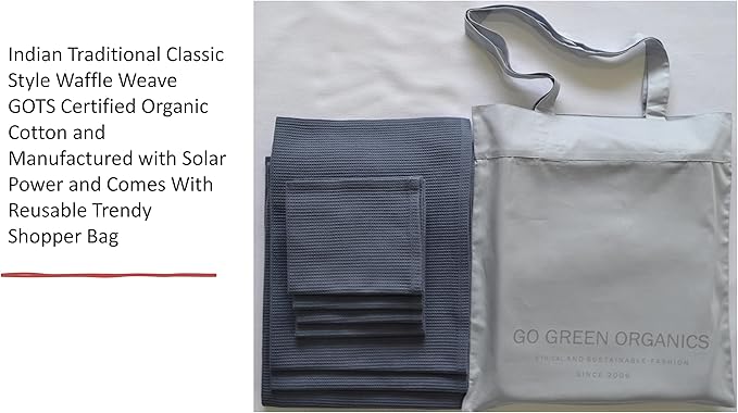 Waffle Bath Towel Set, Organic Cotton,GOTS Certified, Folkstone Grey Super ABSORBANT & Quick Dry, NO SOFTENERS, Environment Friendly,1xBATH58x30.5, 2xHAND29x20, 4xFACE12x12INCH