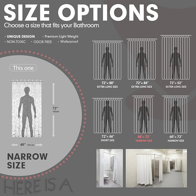 Narrow 3D Pebble Pattern Waterproof Shower Curtain Liner EVA Shower Curtain with 3 Bottom Magnets, Shower Liner for Shower Stall, Bathtubs, 48 x 72