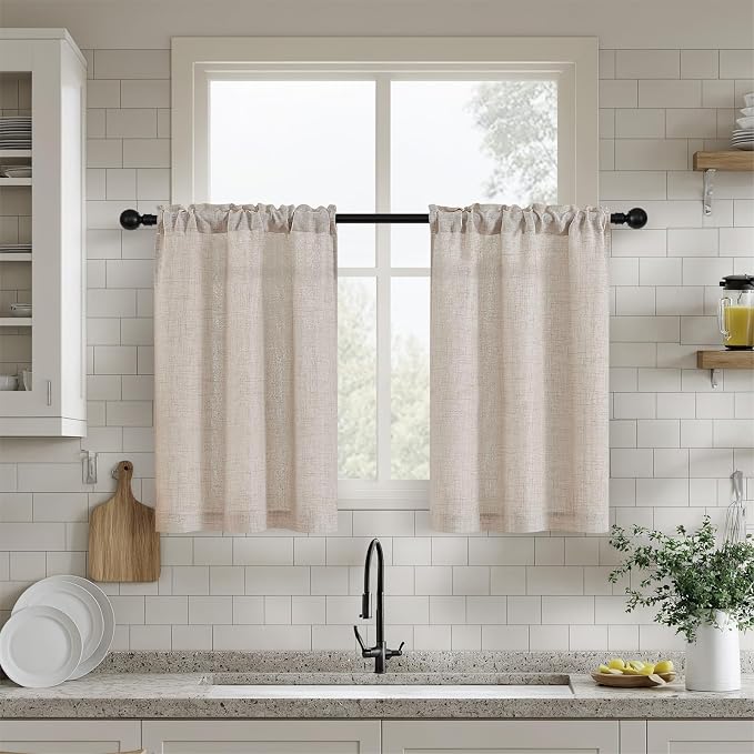 30 Inches Kitchen Curtains 2 Panels Light Coffee Tan Beige Drapes Linen Tier Curtain 30 Inch Length Privacy Rustic Farmhouse Boho Cafe Short Drapes for Small Window Bathroom RV W25xL30