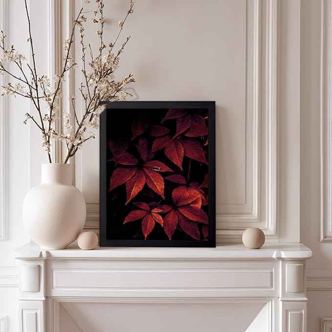 Monem Art Red Autumn Leaves Macro Photography Print - Moody Botanical Nature Poster - Wall Decor for Living Room, Bedroom or Office - 12x16 Black Framed Wall Art by Mareike Bohmer