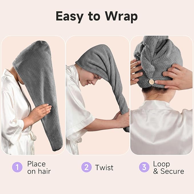 Umisleep 2 Pack Microfiber Hair Towel Wrap for Women, 400 GSM Thick & Soft Hair Drying Towels, Super Absorbent Hair Turban with Button Loop for Curly, Wavy & Wet Hair (Grey, White)