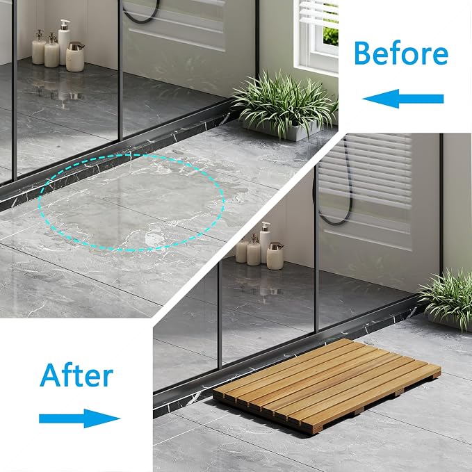 26"x16.9" Solid Acacia Wood Shower Mat, Non Slip Wooden Bath Mat, Indoor Outdoor Entryway Door Mat Multi-Purpose Plant Stand for Shower Bathtub Pool Spa Garden (Large)
