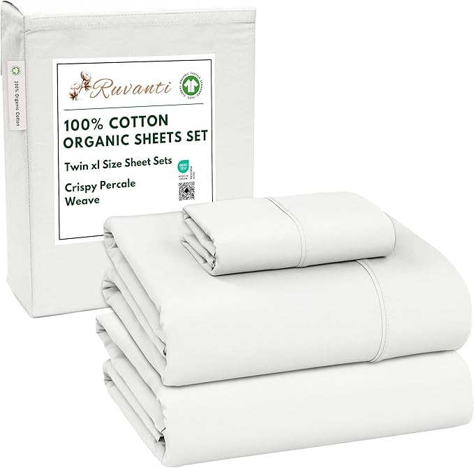 RUVANTI 100% Cotton Organic Percale Sheets Twin XL Size – Crisp Cooling Bed Sheets for Hot Sleepers, Deep Pocket 15”, Soft Peach Finish, Breathable & Durable Hotel-Style 3 Pcs, Bit of Blue