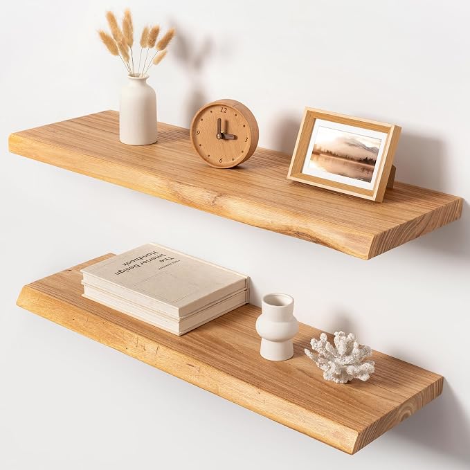 32" Live Edge Floating Shelves, Solid Elm Wood Shelf, Set of 2 | 1.4" Extra Thick, 9.3" Deep Heavy Duty Storage, Natural Finish for Kitchen & Living Room