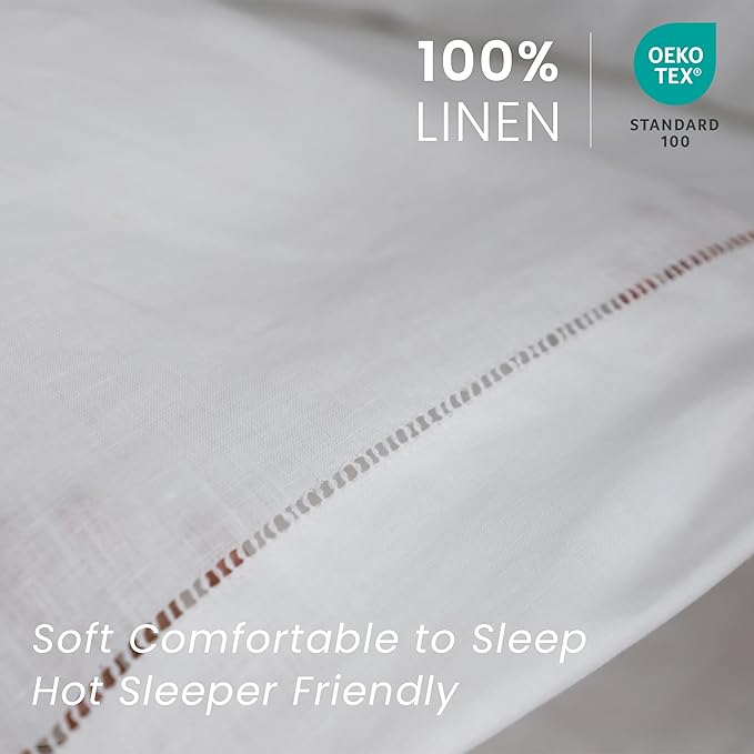 100% French Linen Pillowcases with Handmade Hemstitch Lace - Pack of 2 - Washed Solid Color Natural Flax Soft Breathable - White, 20'' x 30''