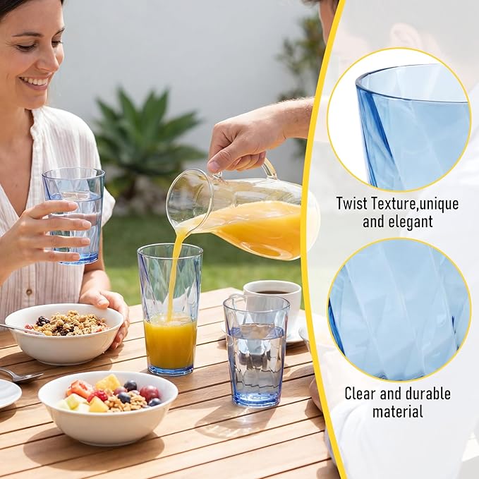 LemonRoad 12 Pack Reusable Plastic Drinking Glasses Set - 20oz & 13.5oz Stackable Tumbler, Shatter-resistant Highball Cups for Water, Cocktail, Iced Coffee, Indoor Outdoor Use, BBQ, Patio, Pool (Blue)