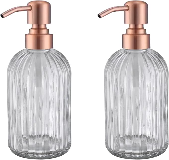 Copper Glass Bathroom Soap Dispenser with Metal Pump,Vintage Dish Soap Dispenser for Kitchen, Used for Lotionor Home,Bathroom,Countertop, Hotel,2 Packs