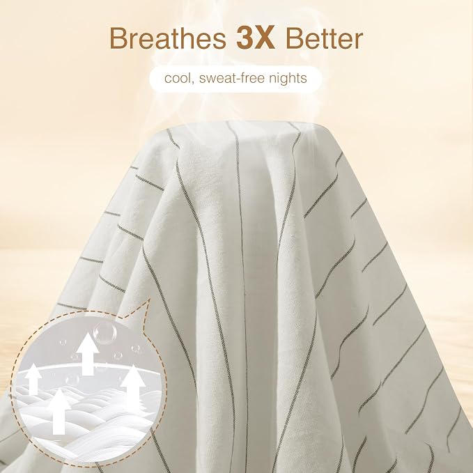 SONORO KATE 100% French Linen Duvet Cover King Size, Soft Breathable for Hot Sleepers, Moisture Wicking & Durable Cover Set - Zipper Closure & 4 Corner Ties - 3 PC (White & Dark Grey Stripes)