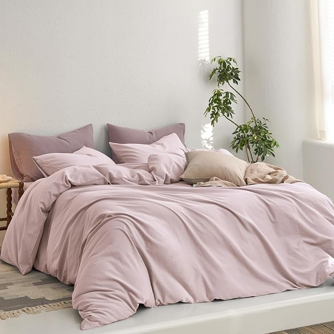 MooMee King Duvet Cover Set, 100% Washed Cotton Linen Like Twill Thick Sturdy Material Super Soft Breathable Durable Bedding for All Season, 3 Pieces (Greyish Pink, King 104"x90")