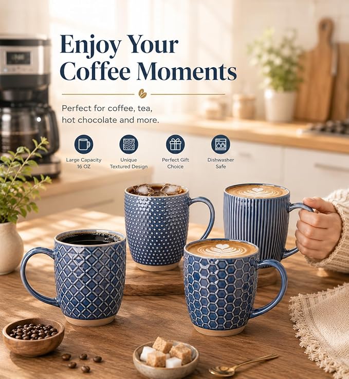 GBhome Large Coffee Mugs Set of 4, 16oz Handmade Embossed Coffee Mugs Set with Large Handle for Cappuccino/Latte/Tea/Hot Cocoa, Dishwasher & Microwave Safe, Blue