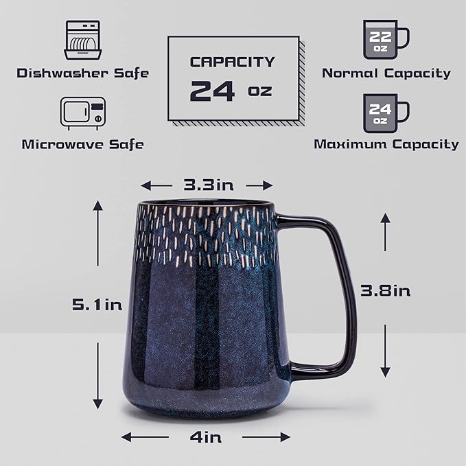 Extra Large Ceramic Coffee Mug,24 Oz,Oversized Tea Cup for Home and Office,With Big Handle,Dishwasher and Microwave Safe (24 Oz Blue with Star)