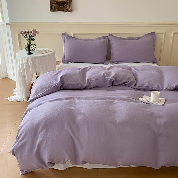 Simple&Opulence 100% Linen Duvet Cover Set, 3 PCS Natural French Flax Lilac Duvet Cover Queen Size, Breathable Soft Comfy Linen Bedding Comforter Cover with 2 Pillowcases(Lilac, 88"x92")